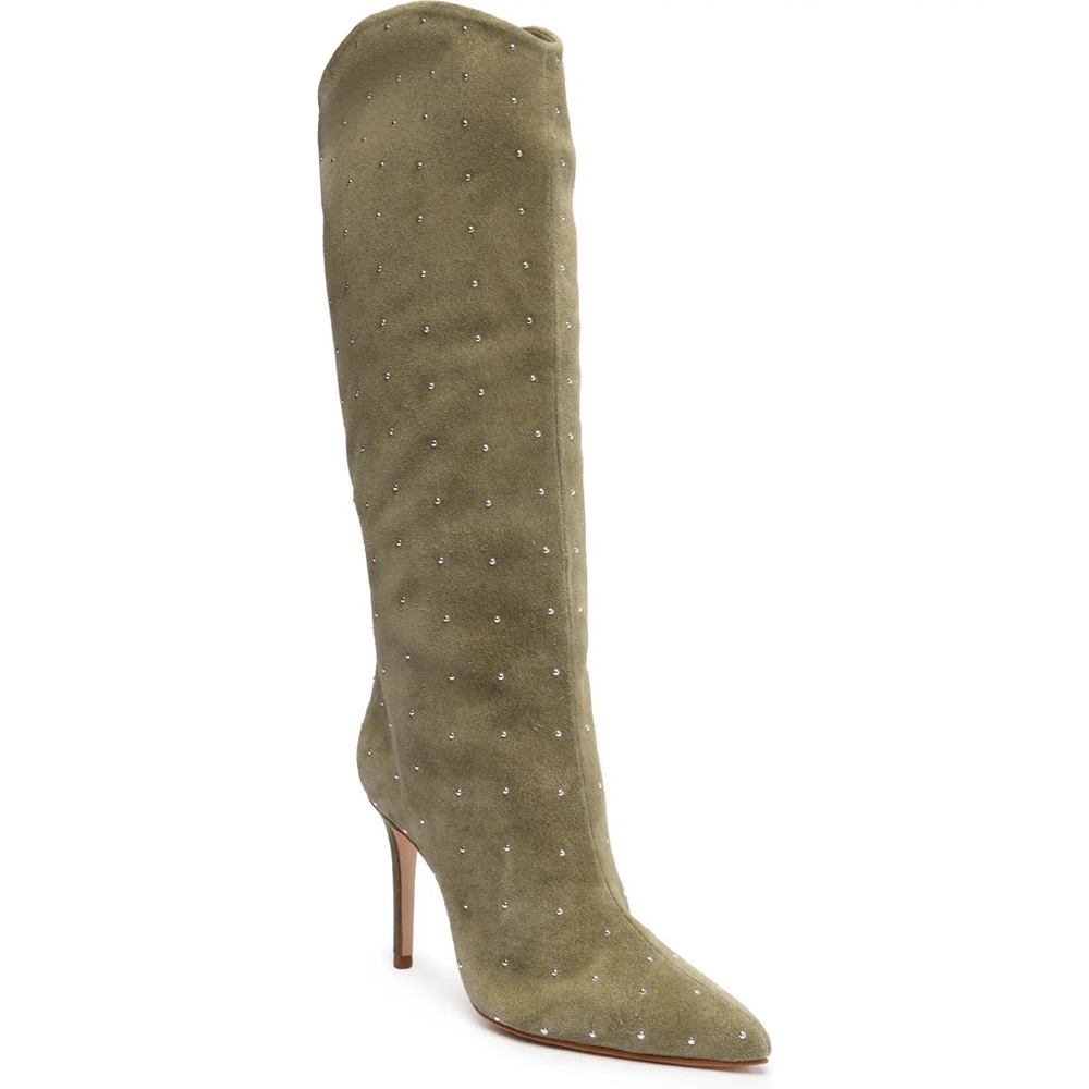 Schutz Olive Green Genuine Leather Embellished Studded Knee High Boots - Picture 6 of 9